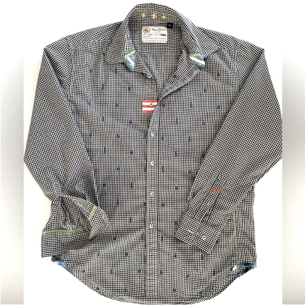 Robert Graham Button Down Cotton Shirt Gingham Check Embroidered Guitars Large